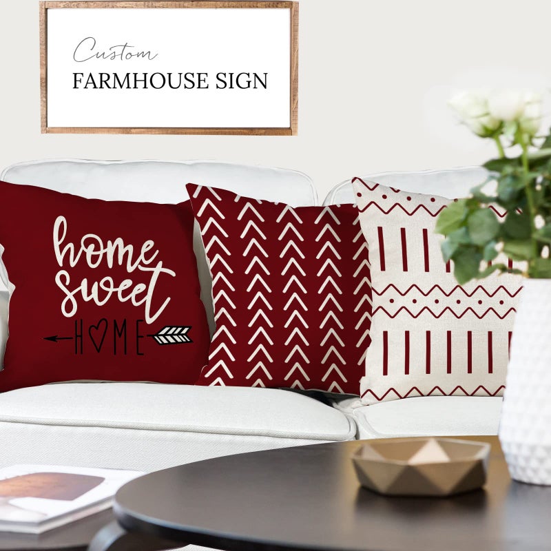 YCOLL Christmas Pillow Covers 18x18 Set of 4, Modern Sofa Throw Pillow Cover for Christmas Decor, Decorative Outdoor Linen Fabric Pillow Case for Couch Bed Car, Wine Red - Image 4